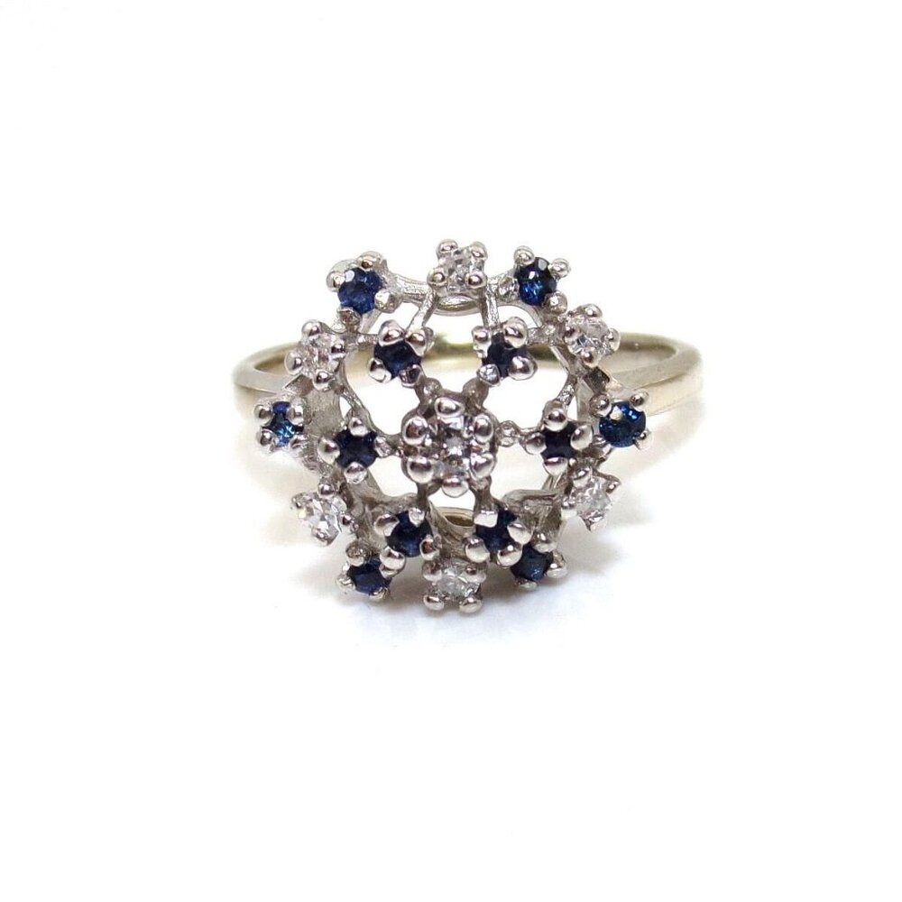 Vintage 14K White Gold Ring Size 7.25 Natural Sapphire Diamond Dome Cluster